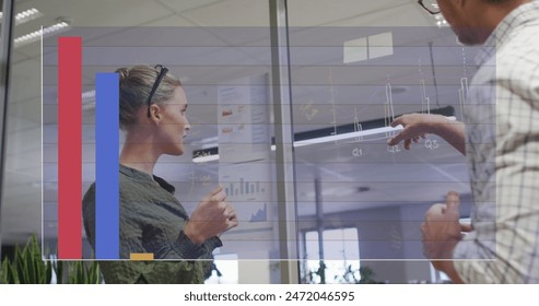 Image of data processing against diverse man and woman discussing over memo notes at office. Computer interface and business data technology concept