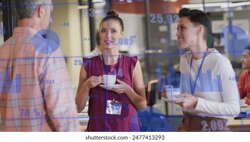 Image of data processing against diverse colleagues discussing while having coffee at office. Computer interface and business data technology concept