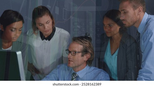 Image of data processing against diverse businesspeople discussing over a computer at office. Business technology concept