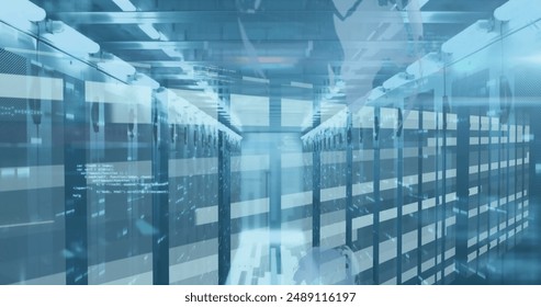 Image of data processing against light trails and mosaic squares against computer server room. Computer interface and business data technology concept - Powered by Shutterstock