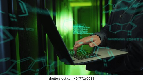 Image of data processing against mid section of male engineer using laptop at server room. Business data storage technology concept - Powered by Shutterstock - Get 15% off with code: PIKWIZARD15