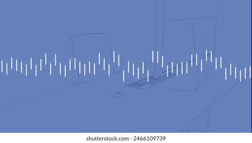 Image of data processing against office desk sketch on blue background. Computer interface and business data technology concept