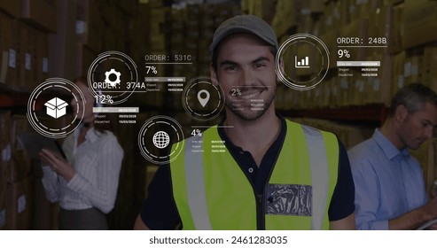 Image of data processing against portrait of caucasian male worker smiling at warehouse. Future concept of supply chain and logistic network business