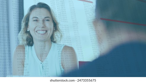 Image of data processing against portrait of caucasian woman smiling at office. Computer interface and business technology concept - Powered by Shutterstock - Get 15% off with code: PIKWIZARD15