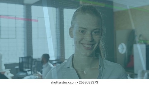 Image of data processing against portrait of caucasian woman smiling at office. Computer interface and business technology concept