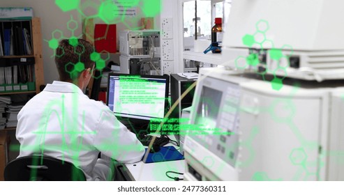 Image of data processing against rear view of male scientist using computer at laboratory. Medical research and science technology concept