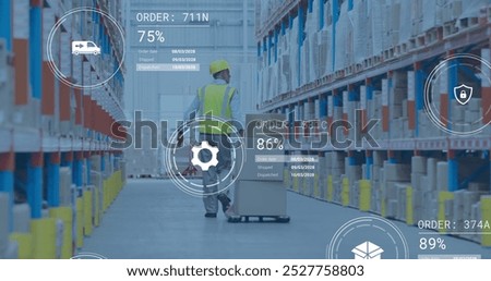 Image of data processing against rear view of male worker pulling a pallet truck at warehouse. Future concept of supply chain and logistic network business