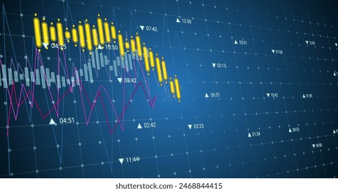 Image of data processing against security shield icon against blue background. Cyber security and business data technology concept