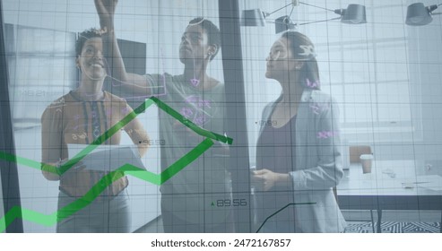 Image of data processing against three diverse women discussing over glass board at office. Computer interface and business data technology concept