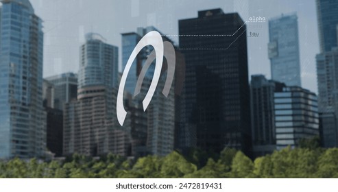 Image of data processing against view of tall buildings. Computer interface and business data technology concept