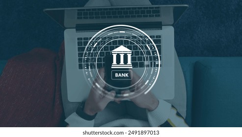 Image of data processing and bank symbol over caucasian man using smartphone. Global finance, business, connections, computing and data processing concept digitally generated image.