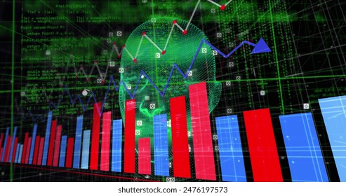 Image of data processing and bar graphs over spinning head model against black background. Medical research and business technology concept