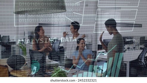 Image of data processing and binary coding over diverse business people talking in office. Global business and digital interface concept digitally generated image.