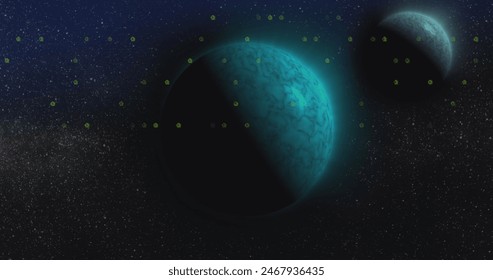 Image of data processing binary coding over globes. Global connections, computing and data processing concept digitally generated image.
