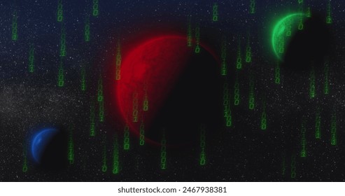 Image of data processing binary coding over globes. Global connections, computing and data processing concept digitally generated image.