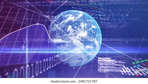 Image of data processing with binary coding and globe. global business, finance and data processing concept digitally generated image.