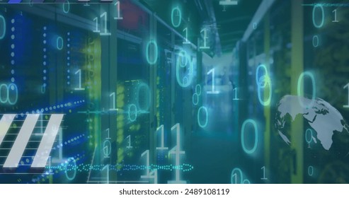 Image of data processing and binary coding against computer server room. Computer interface and business data technology concept