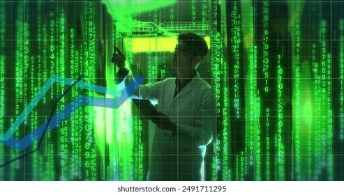 Image of data processing and binary coding over asian technician and computer servers. Global computing, digital interface and data processing concept digitally generated image.