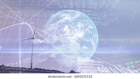 Image of data processing binary coding over globe and wind turbine. global environment, technology, research connections and digital interface concept digitally generated image.