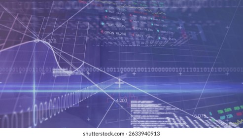 Image of data processing and binary coding on blue background. Global technology, computing and digital interface concept digitally generated image.