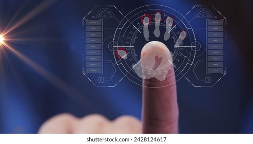 Image of data processing and biometric finger reading. Global online identity, security, business, finance, computing and data processing concept digitally generated image.