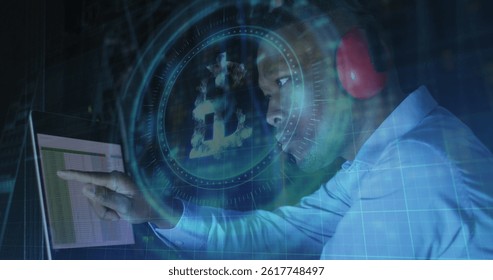 Image of data processing and bitcoin over african american male worker in server room. global technology and digital interface concept digitally generated image.