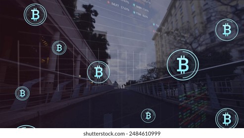 Image of data processing and bitcoin symbols over people walking on street. Technology, finances, computing and digital interface concept digitally generated image.