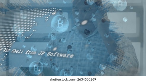 Image of data processing and bitcoin symbols over caucasian man. Global connections, computing and digital interface concept digitally generated image. - Powered by Shutterstock - Get 15% off with code: PIKWIZARD15