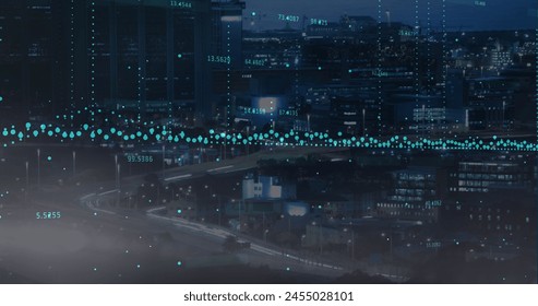 Image of data processing and blue lights over cyber attack warning. Global communication and data networking concept digitally generated image.