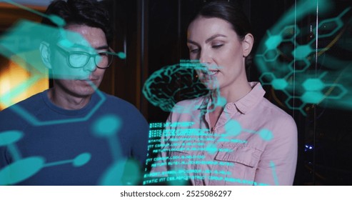 Image of data processing with brains over diverse colleagues using tablet in server room. Global science, technology, computing and digital interface concept digitally generated image.