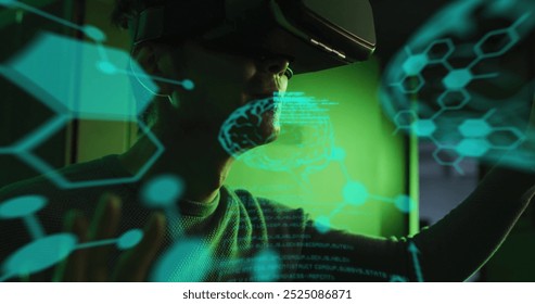Image of data processing with brains over asian businessman using vr headset in server room. Global science, technology, computing and digital interface concept digitally generated image.