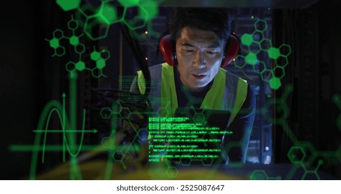 Image of data processing with brains over asian male worker in server room. Global science, technology, computing and digital interface concept digitally generated image.