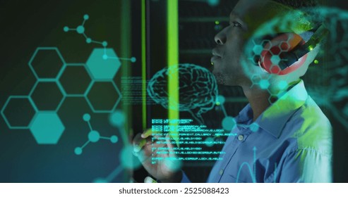 Image of data processing with brains over african american businessman in server room. Global science, technology, computing and digital interface concept digitally generated image.