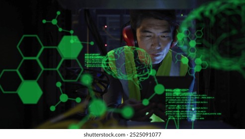 Image of data processing with brains over asian male worker in server room. Global science, technology, computing and digital interface concept digitally generated image.