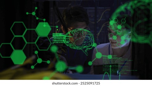 Image of data processing with brains over diverse colleagues using tablet in server room. Global science, technology, computing and digital interface concept digitally generated image.