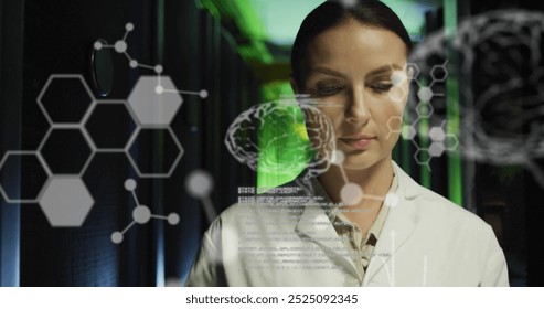 Image of data processing with brains over caucasian female scientist in server room. Global science, technology, computing and digital interface concept digitally generated image.