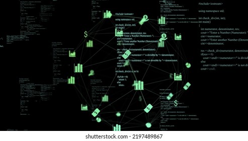 Image of data processing and business icons on black background. global technology and digital interface concept digitally generated image.