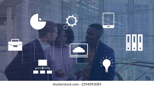 Image of data processing and business icons over diverse business people talking in office. Global business and digital interface concept digitally generated image.