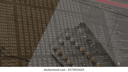 Image of data processing and calendar over pills. Technology, medicine and digital interface concept digitally generated image.