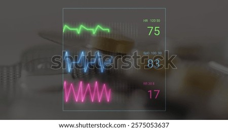 Image of data processing and cardiograph over pills. Technology, medicine and digital interface concept digitally generated image.