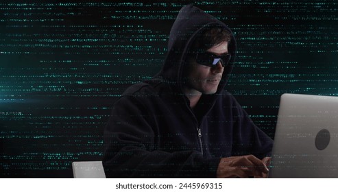 Image of data processing and caucasian male hacker over black background. digital interface and data processing concept digitally generated image. - Powered by Shutterstock - Get 15% off with code: PIKWIZARD15