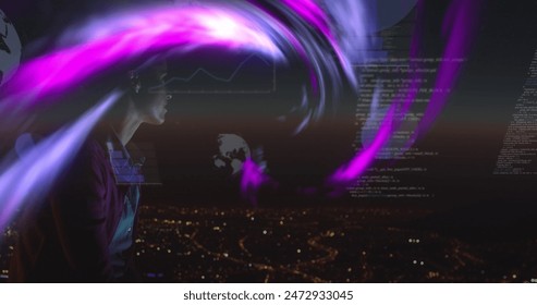 Image of data processing and caucasian woman over neon shapes. Global business and digital interface concept digitally generated image. - Powered by Shutterstock - Get 15% off with code: PIKWIZARD15