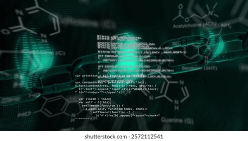 Image of data processing and chain over elements and glowing data on black background. Connection, data, security, science, digital interface and communication, digitally generated image.