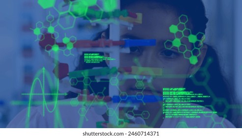 Image of data processing and chemical formula over biracial schoolgirl. global science, data processing and digital interface concept digitally generated image.