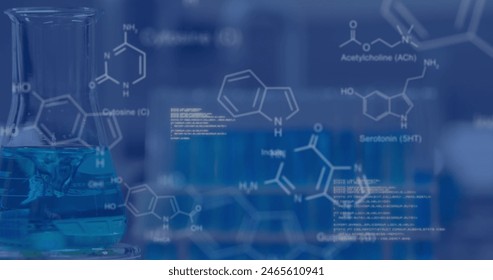 Image of data processing and chemical formula over beakers and test tubes in lab. global science, technology and digital interface concept digitally generated image. - Powered by Shutterstock - Get 15% off with code: PIKWIZARD15