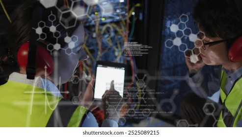 Image of data processing and chemical formula over diverse workers in server room. Global science, technology, computing and digital interface concept digitally generated image.