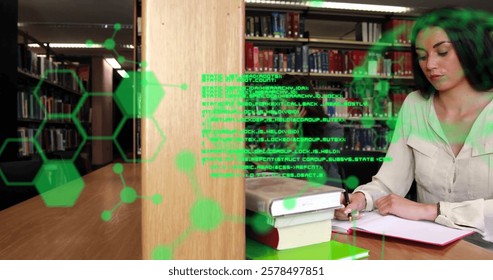Image of data processing and chemical formula over caucasian female student reading in library. Education and digital interface concept digitally generated image.