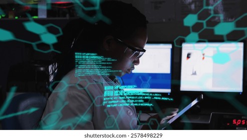 Image of data processing and chemical formula over biracial female scientist using tablet. Science and digital interface concept digitally generated image.