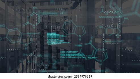 Image of data processing and chemical formula over server room. Global technology and digital interface concept digitally generated image.