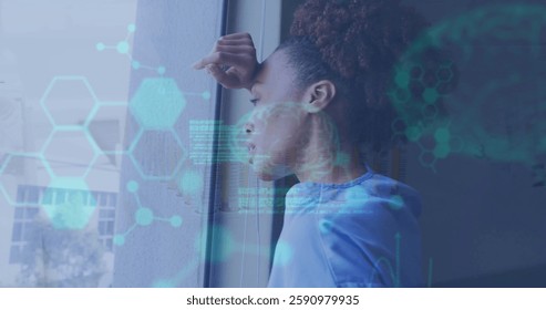 Image of data processing and chemical formula over biracial woman looking through window. Global science and digital interface concept digitally generated image.